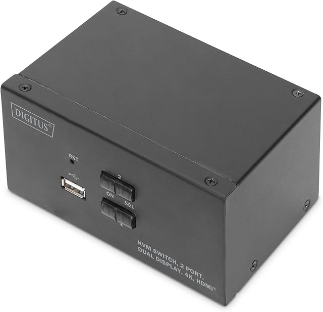 DIGITUS KVM Switch HDMI  2-portowy podwójny wyświetlacz  2 PC 2 Monitory  1x Mysz, Klawiatura & Audio dla 2 komputerów  UHD 4K@30Hz (3840 x 2160p)  Hot-Key  1x USB 2. 0  Czarny