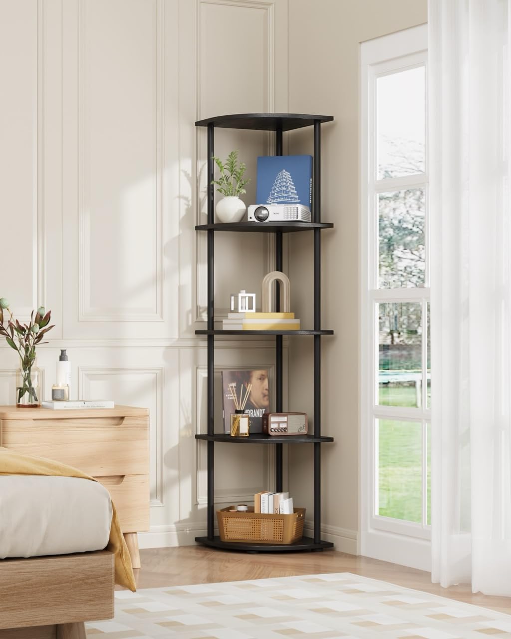 Corner Shelf - 5-Tier Corner Bookshelf with Wall Anchors & Non-Slip Feet, Corner Shelves with Rustproof Metal Frame for Bedroom, Living Room, Home Office, 11.6"×11.6"×56.2", Black