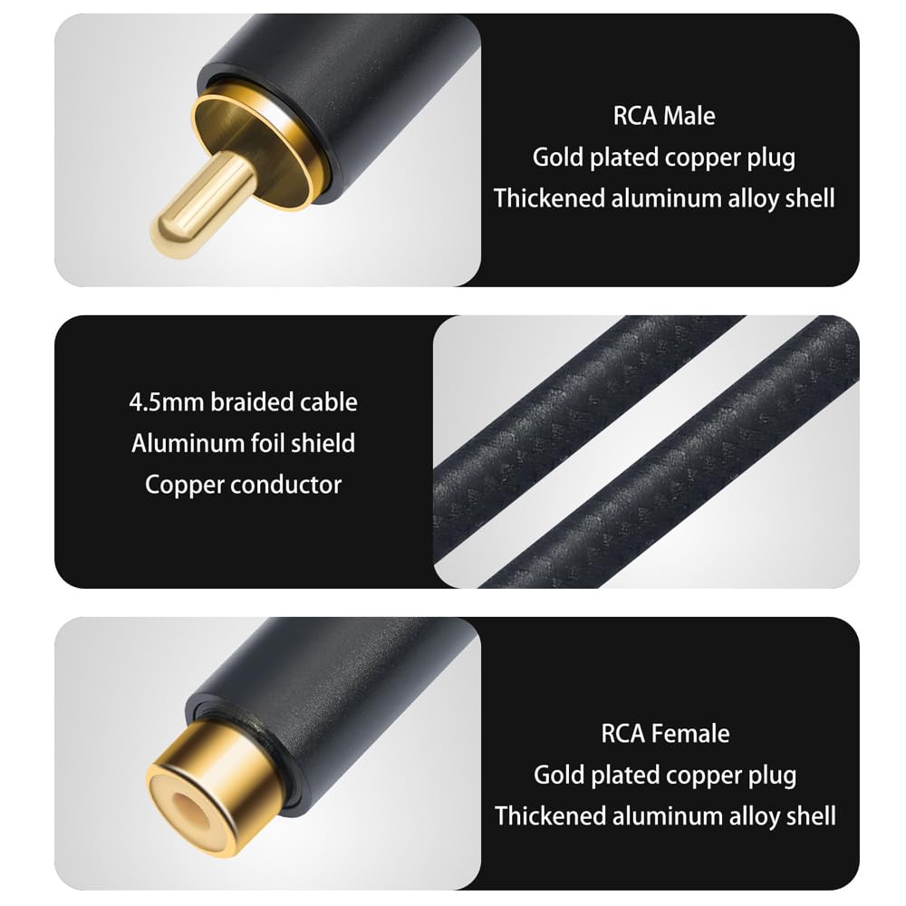 Kabel przedłużający RCA męski na żeński, kabel audio stereo RCA, kabel audio stereo o wysokiej wierności, pozłacany drut miedziany, nylonowy splot do wzmacniacza, HDTV odtwarzacza DVD, skrzynki