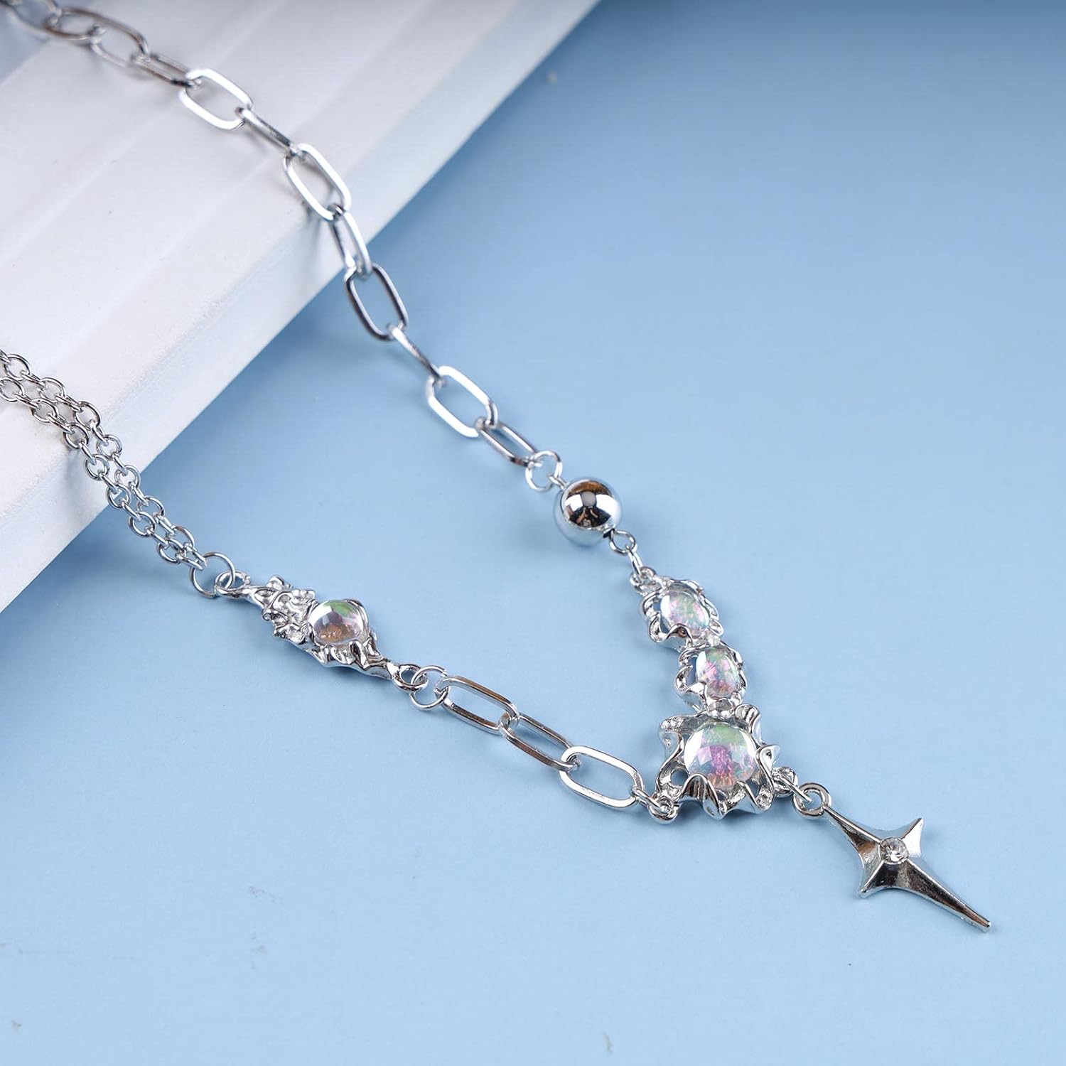 Andelaisi Boho CZ Star Choker Necklace Vintage Moonstone Paperclip Necklace Crystal Cross Pendant Necklace Ball Circle Chain Necklace Jewelry for Women - Image 4