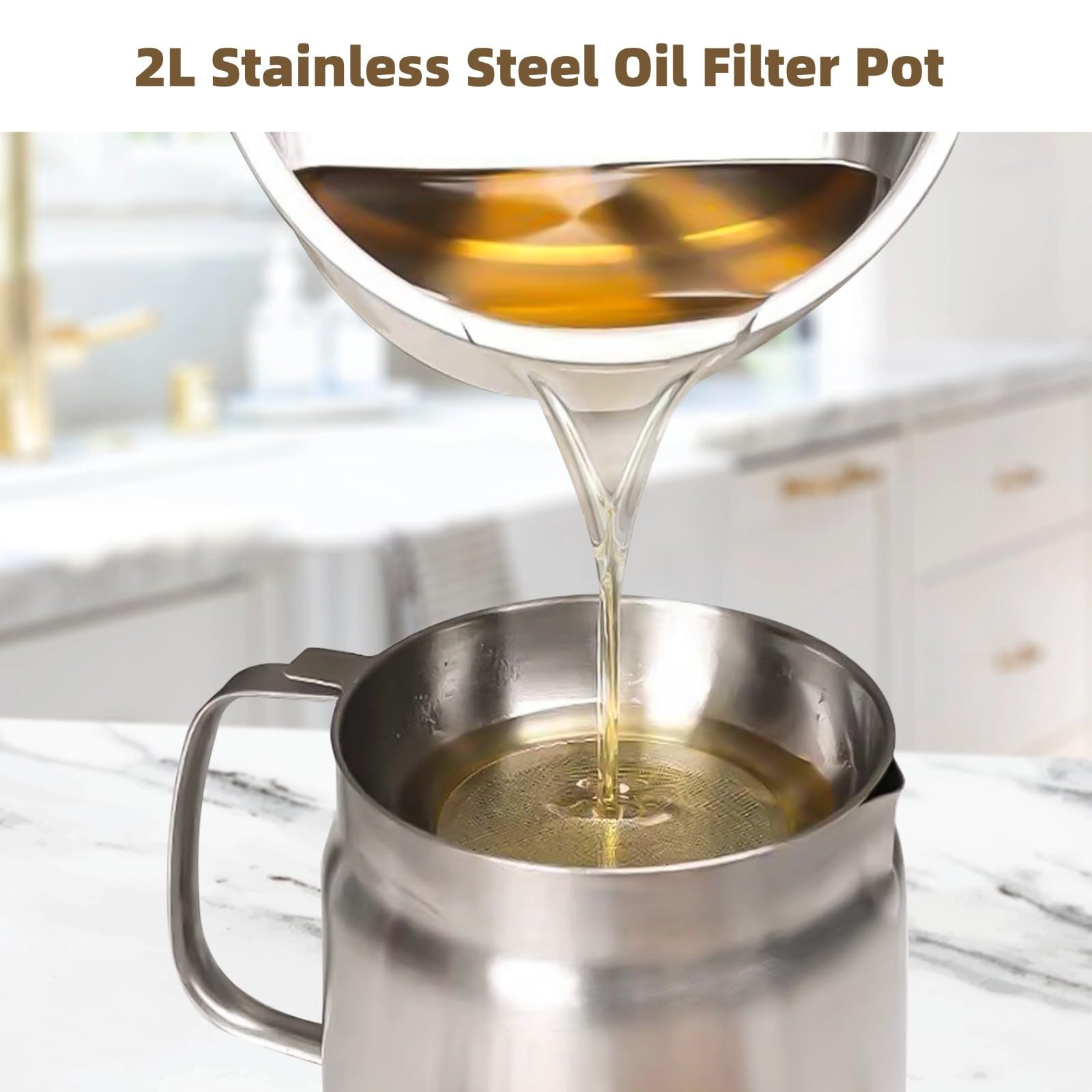 Pot de filtre à huile en acier inoxydable de 2 L, pot de cuisine multi-usage avec passoire à mailles fines, panier à frire et couvercle pour filtrer le thé, le café et l'huile