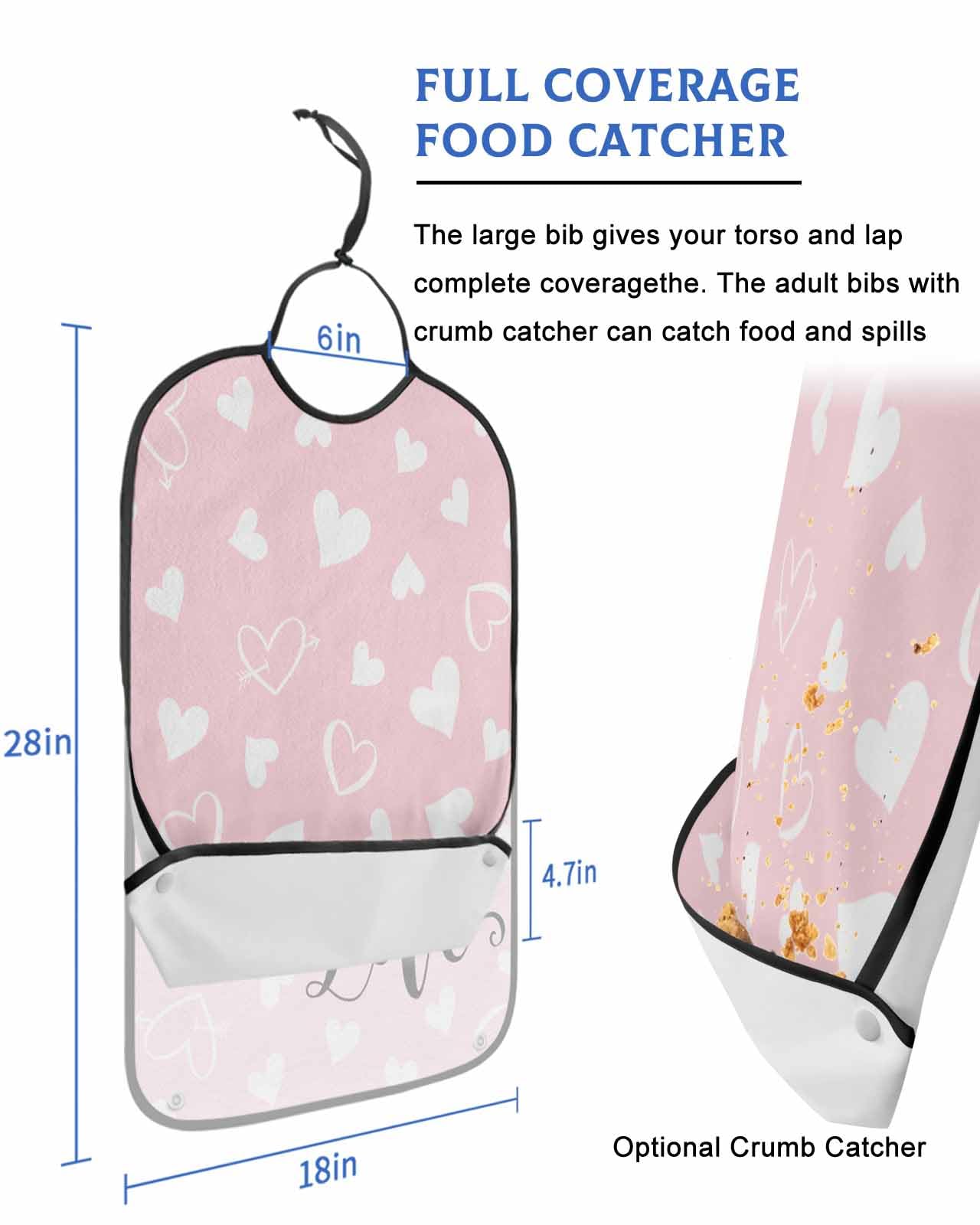 LEOKOTI Pink Love Heart Valentines Adult Bibs for Eating, Waterproof Bibs with Food Catcher & Adjustable Snap Closure, Love Watercolor Washable Clothing Protectors Adult Bibs for Elderly
