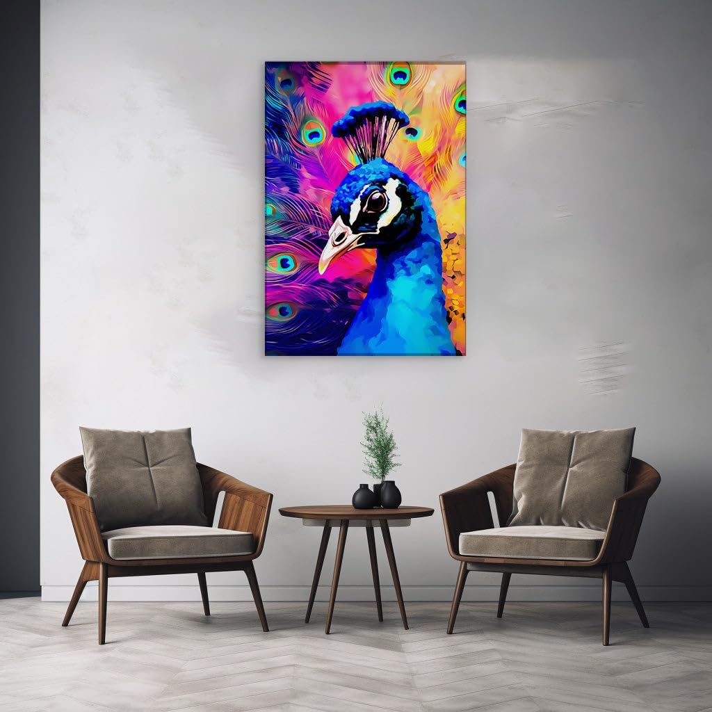 Canvas for Living room. Majestic Peacock Splendor An Artistic Encounter with Fantasy and Vibrancy, 27 x 18 inch Canvas Wall Art - Contemporary Masterpieces - Modern Home Decor - 69x46 cm (27x18 inch)