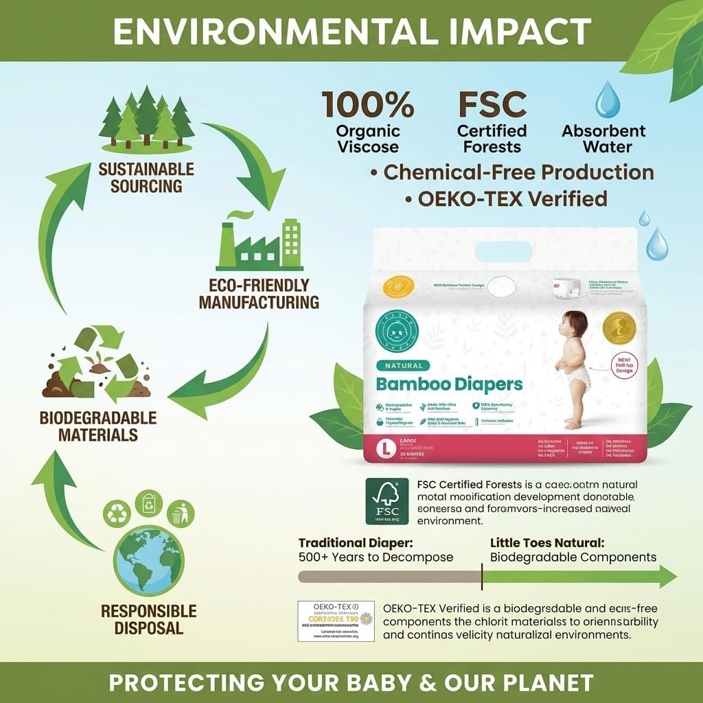 Little Toes Patented Natural Disposable Viscose Diapers ǀ Day and Overnight Diapers ǀ Sustainable ǀ Size 4 Large ǀ 36 Pack