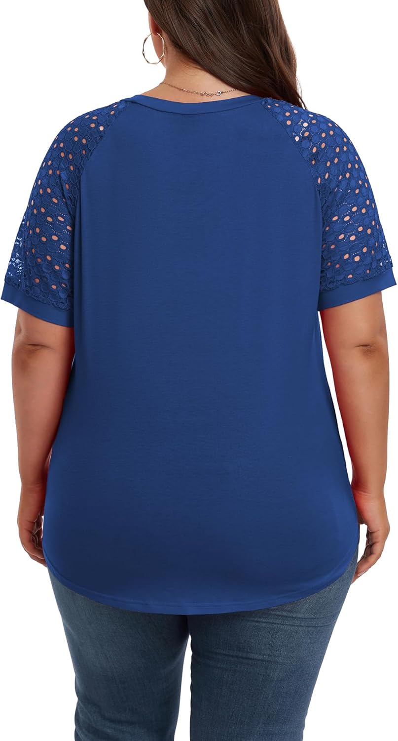 Women's Plus Size Lace Shirt Short Sleeve Round Neck Tops Basic Ladies Loose Fit T Shirt - Image 4