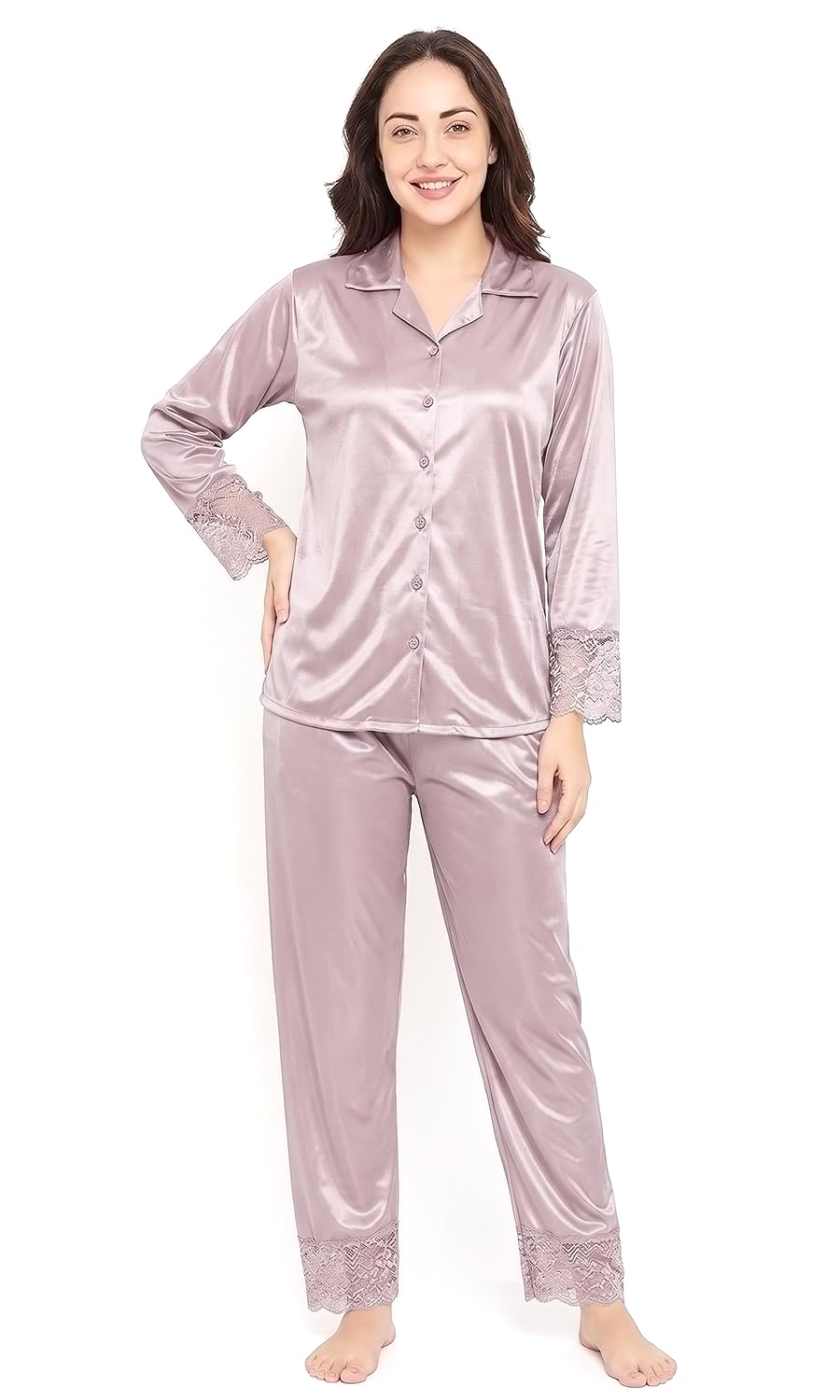 Women Night Suit Set | Satin Silk Feel Nightwear for Women | Full Sleeve Button Down Shirt & Pyjama Set with Lace Detailing | Soft Comfortable Sleepwear & Loungewear-picture-49