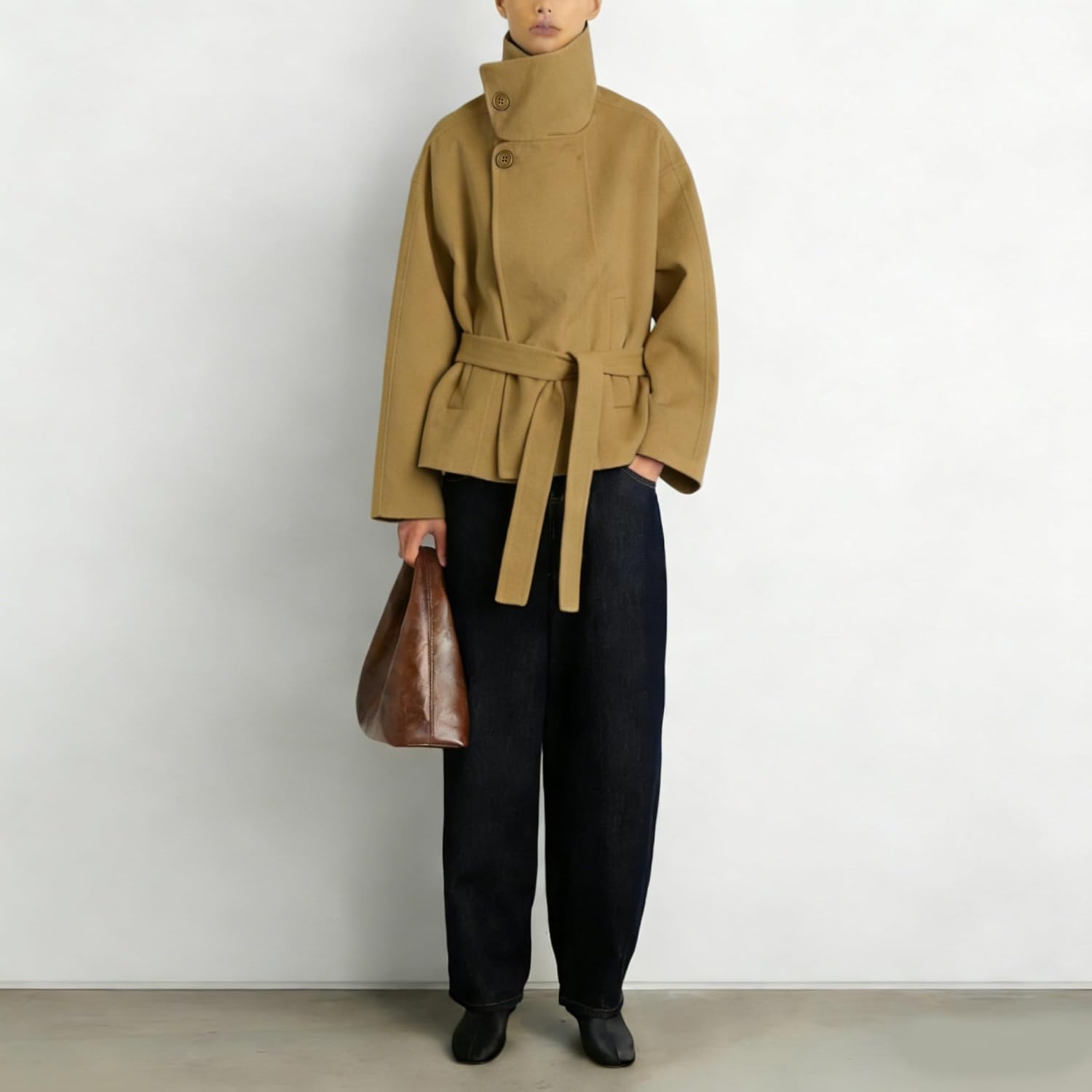 Women Cropped Pea Coat Wool Blend Stand Collar Fall Winter Warm Outfits Casual Elegant Belted Outwear