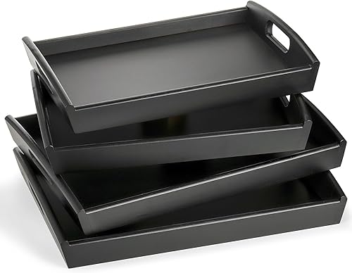 Peohud Paquete de 4 bandejas de bambú para servir, bandeja de comida de cocina con asas, bandejas de madera para comer, desayuno, cena, té, bar,