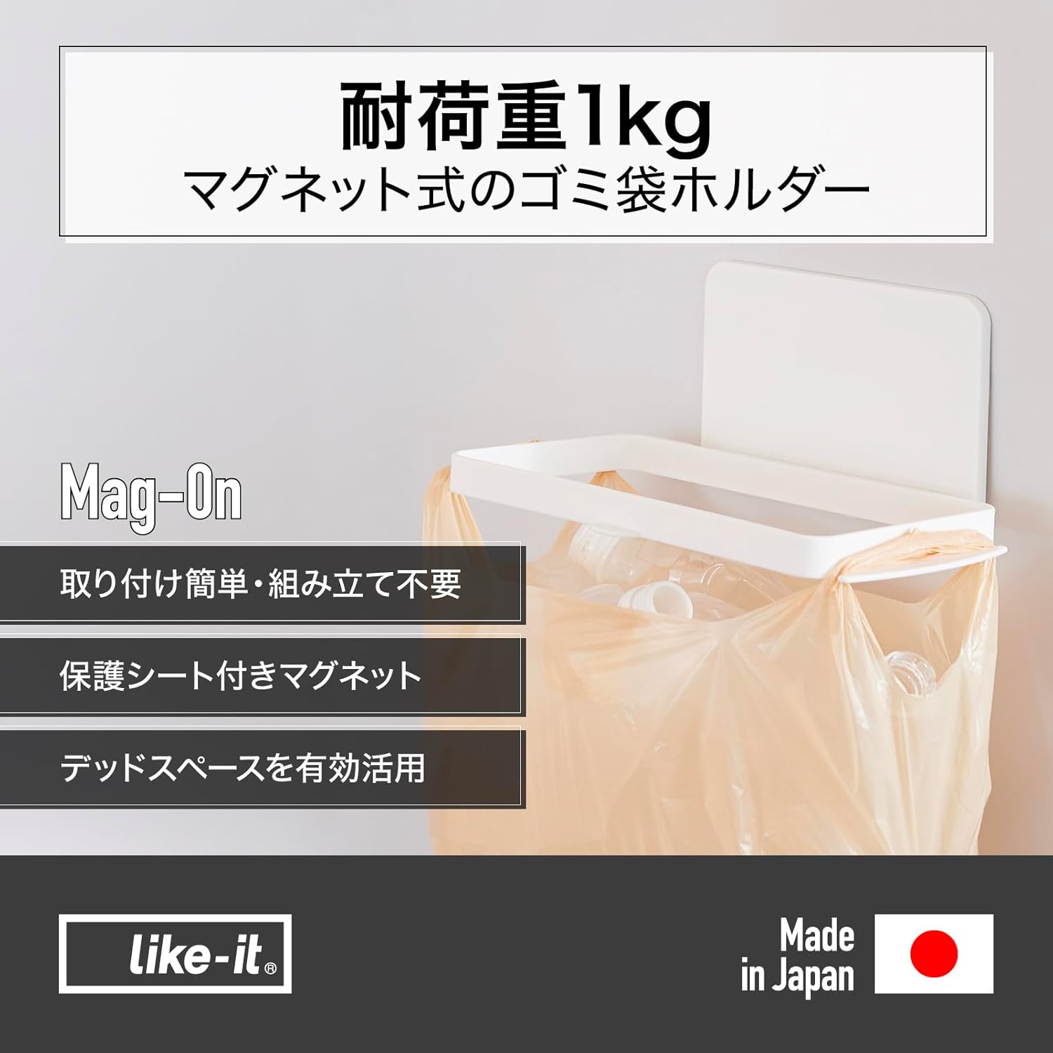 Like-it Mag-On 8071 Kitchen Small Storage Magnetic Storage Strong Magnet Trash Bag Holder (with Suction Cup) White Can Stick to Refrigerator