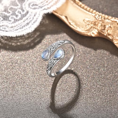925 Sterling Silver Natural Moonstone Rings for Women Adjustable Sunflower Thumb Ring Vintage Spoon Rings Labradorite Rings Gift For Mom Wife Sister Her4