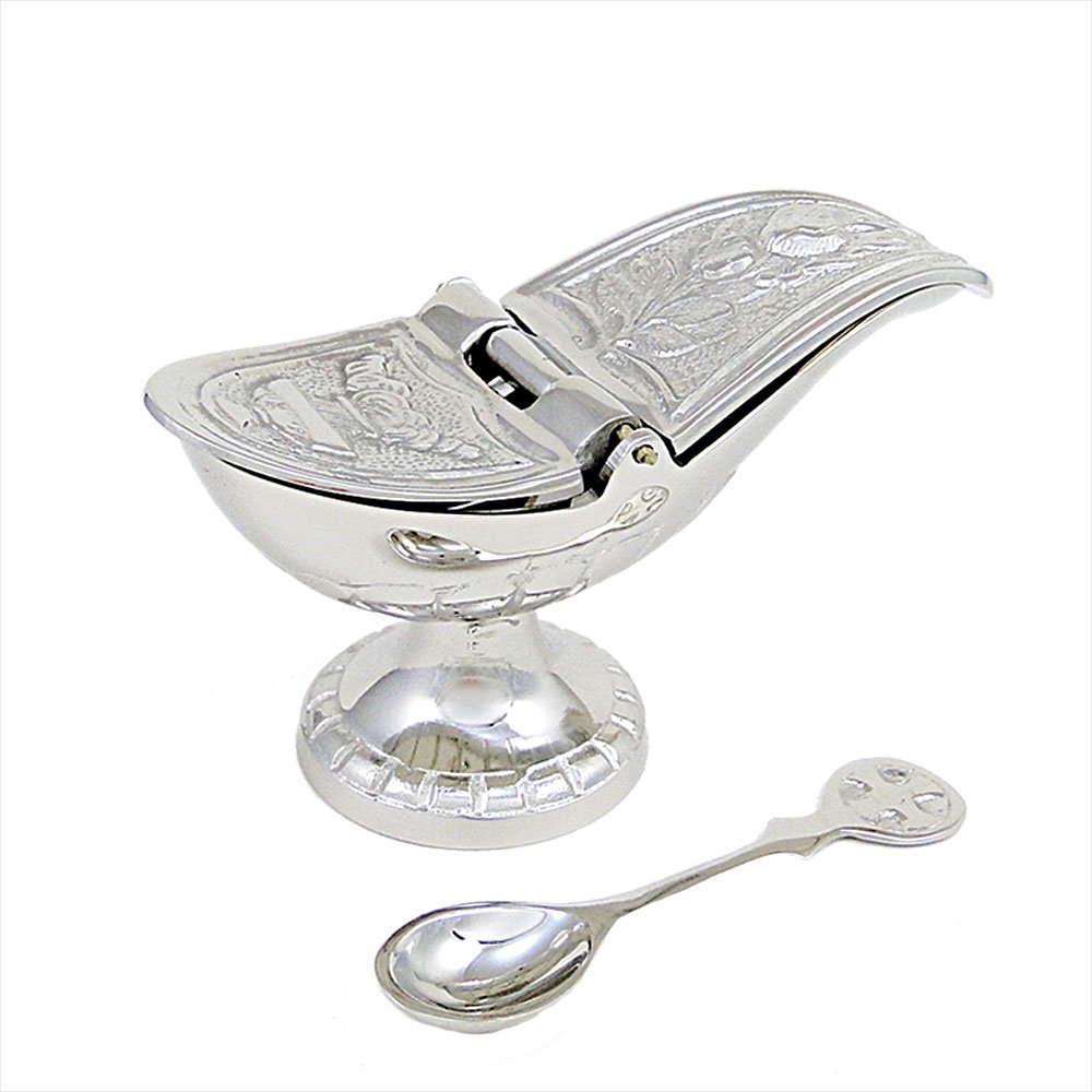 Nklaus Silver Incense Burner With Hinged Lid And Spoon Solid Brass Nickel Plated 2947