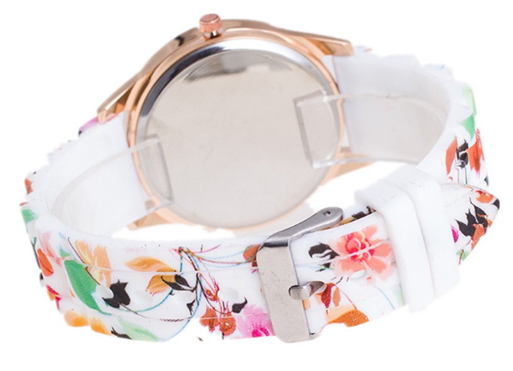 Relojes analógicos de silicona con esfera floral para mujer, números en tono oro rosa (paquete de 5), Rosado, Moderno 7
