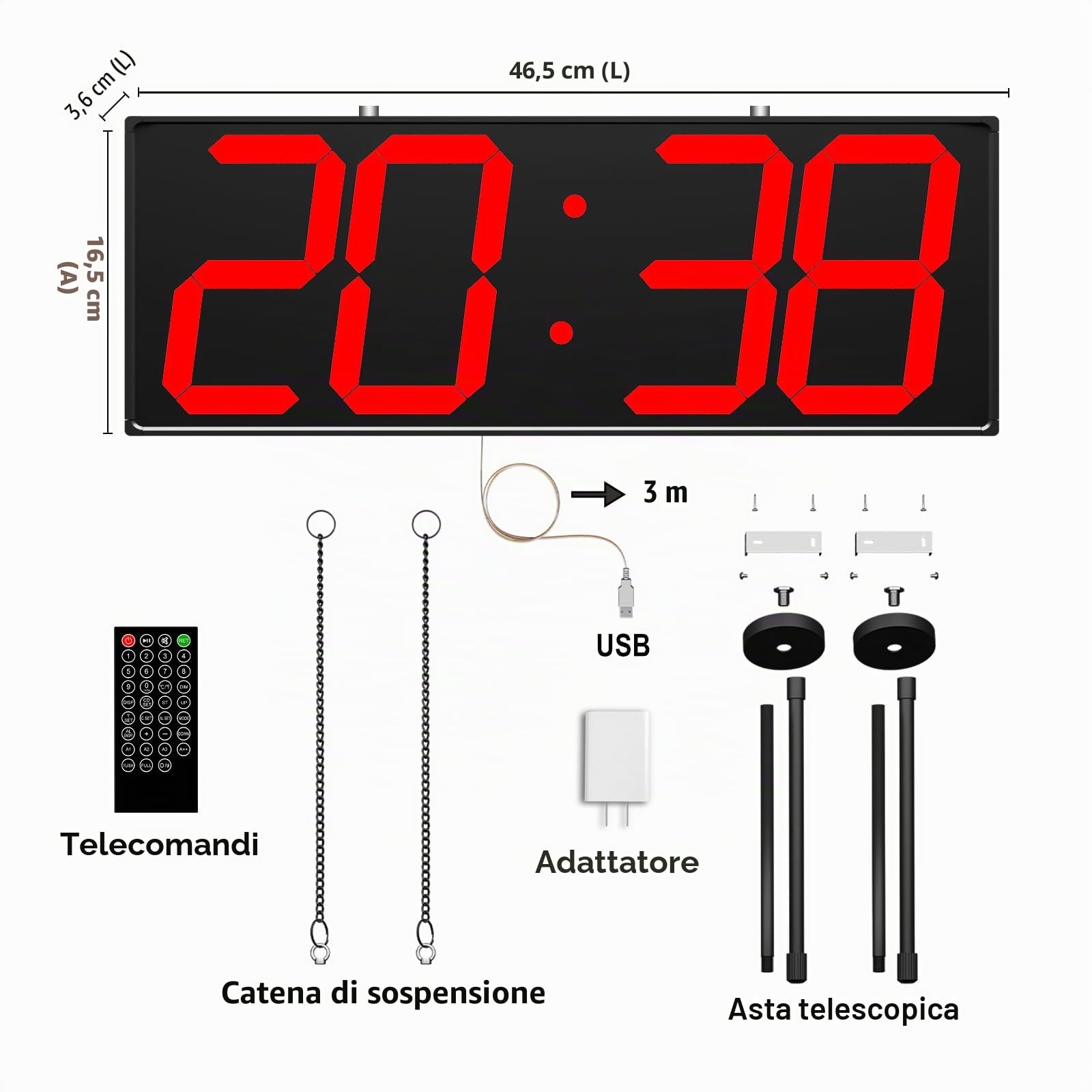 CHKOSDA Orologio da parete digitale con display su entrambi i lati, ampio display con timer, temperatura, sveglia e data, orologio da parete con numeri chiari e chiari (rosso)