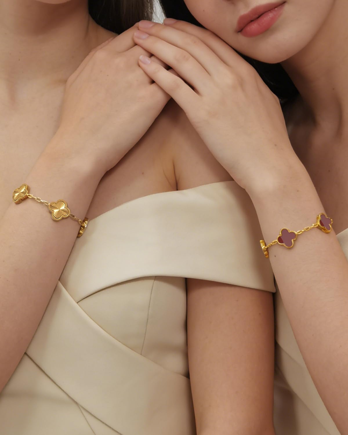 18K Gold Plated Bracelets for Women Non Tarnish, Golden/Red/White/Black Four Leaf Clover Bracelet Charm Bracelets for Women Trendy Mothers Day Gift for Her