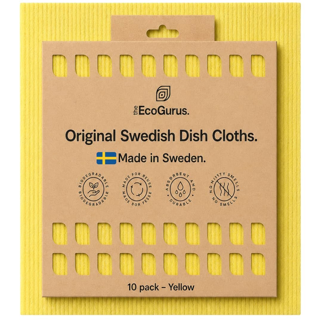 The EcoGurus 10 Pack Odour-Resistant Reusable Cleaning Cloths | Original Swedish Dishcloth | Made in Sweden | Suitable for All Surfaces | Biodegradable Cellulose Sponge | Kitchen & Bathroom | Yellow