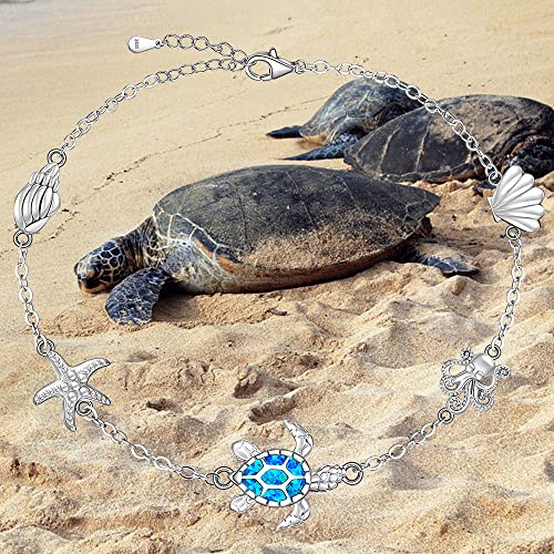 Image of Sea Turtle Ankle Bracelets for Women Blue Opal Sterling Silver Beach Starfish Octopus Conch Ocean Anklets Jewelry Gifts