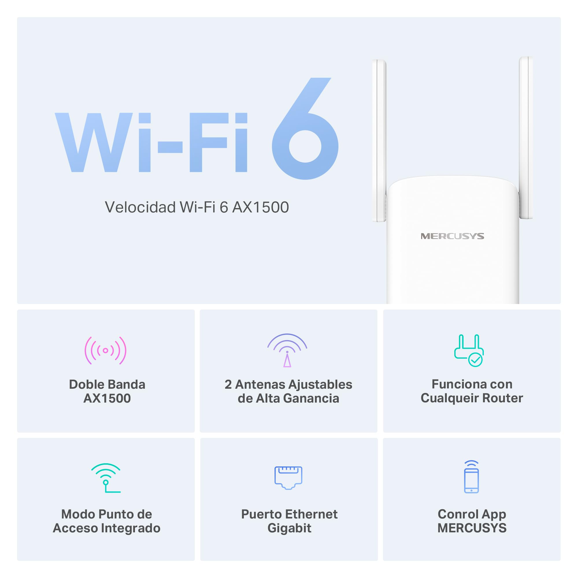 Mercusys ME1500X Wi-Fi 6 Repetidor de Doble Banda 1201 Mbps 5 GHz 300 Mbps 2,4 GHz Puerto Gigabit
