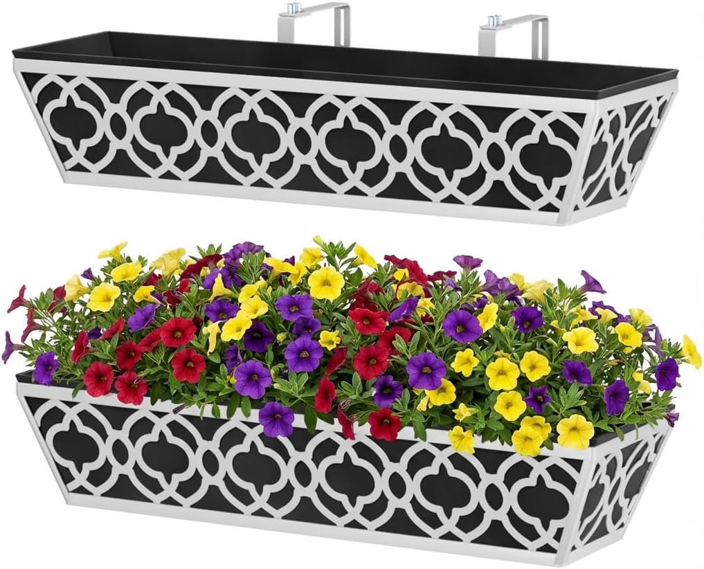 Y&M 2Pcs 24'' Railing Planter Box Set with Black Non-Woven Fabric Liner, Flower Boxes with Adjustable Brackets, Large Metal Hanging Window Boxes for Fence, Deck, Balcony, and Garden