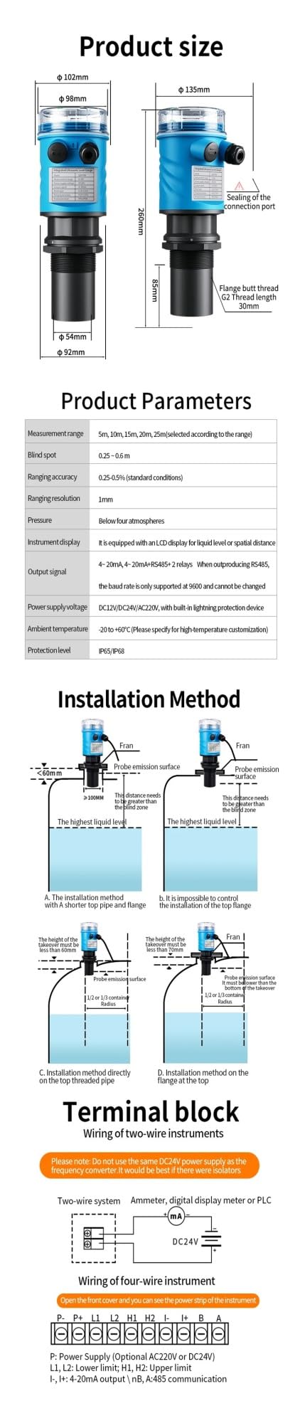 Sensor ultrasónico de Nivel Agua 3 m a 20 Salida relés 4-20 mA. Medidor Tanque inalámbrico(10m 4-20ma 2 Relays)