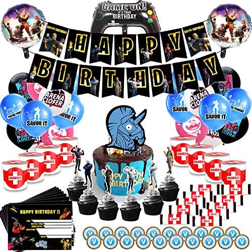 Video Game Party Supplies Includes Cake, Cupcake Toppers, Balloons, Banner, Invitation Cards, Chocolate Coins, Chocolate Bar Wrappers, Chip Can Labels Perfect Battle Royale Decorations (Black)
