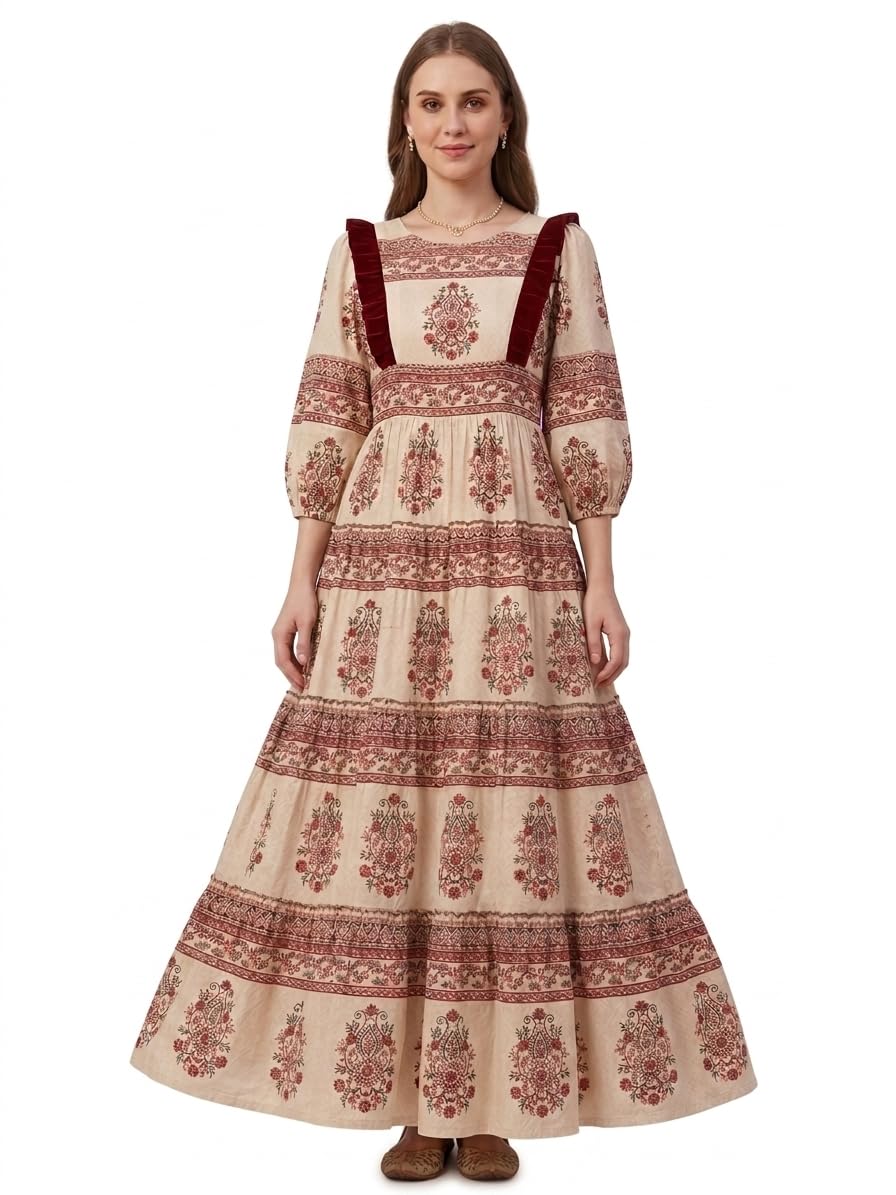 Women’s Floral Printed Anarkali Kurti Dress | Puff Sleeve, Layered Flared Ethnic Gown for Women-image-20