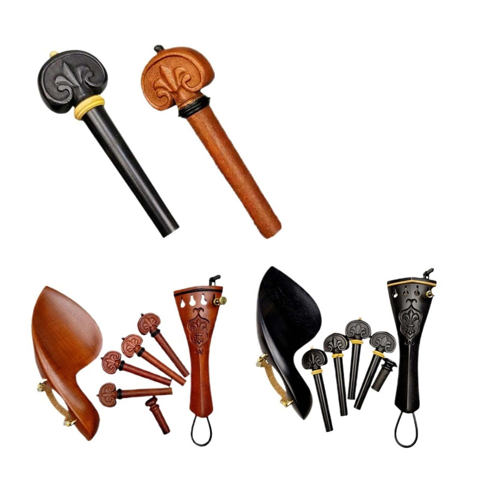 Juego tallado de accesorios for violín, piezas de violín con patrón de grabado, 4/4 clavijas, accesorios instalados en reposacabezas(Violin parts3)
