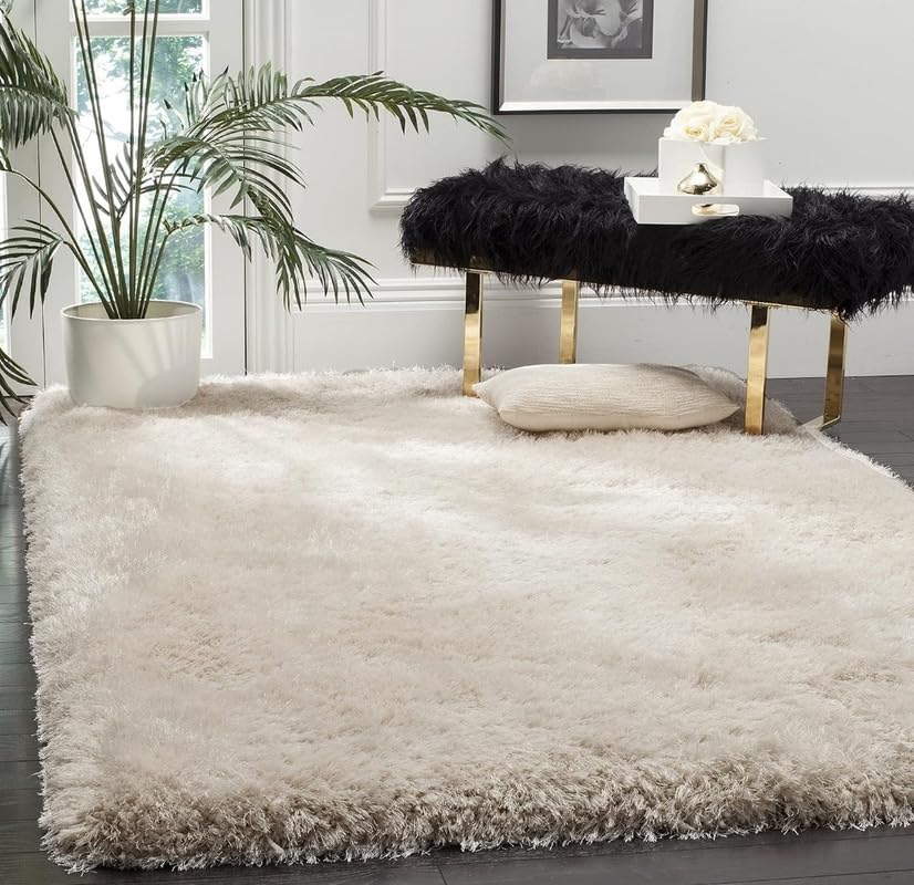 Image of Polyester Fluffy Fur Rugs & Modern Shaggy Floor Carpets for Living Room,Sofa Area,Hall,Kids Room,Guest Room | Elegent Bedside Runners for Besdroom(5X8 Feet Ivory)