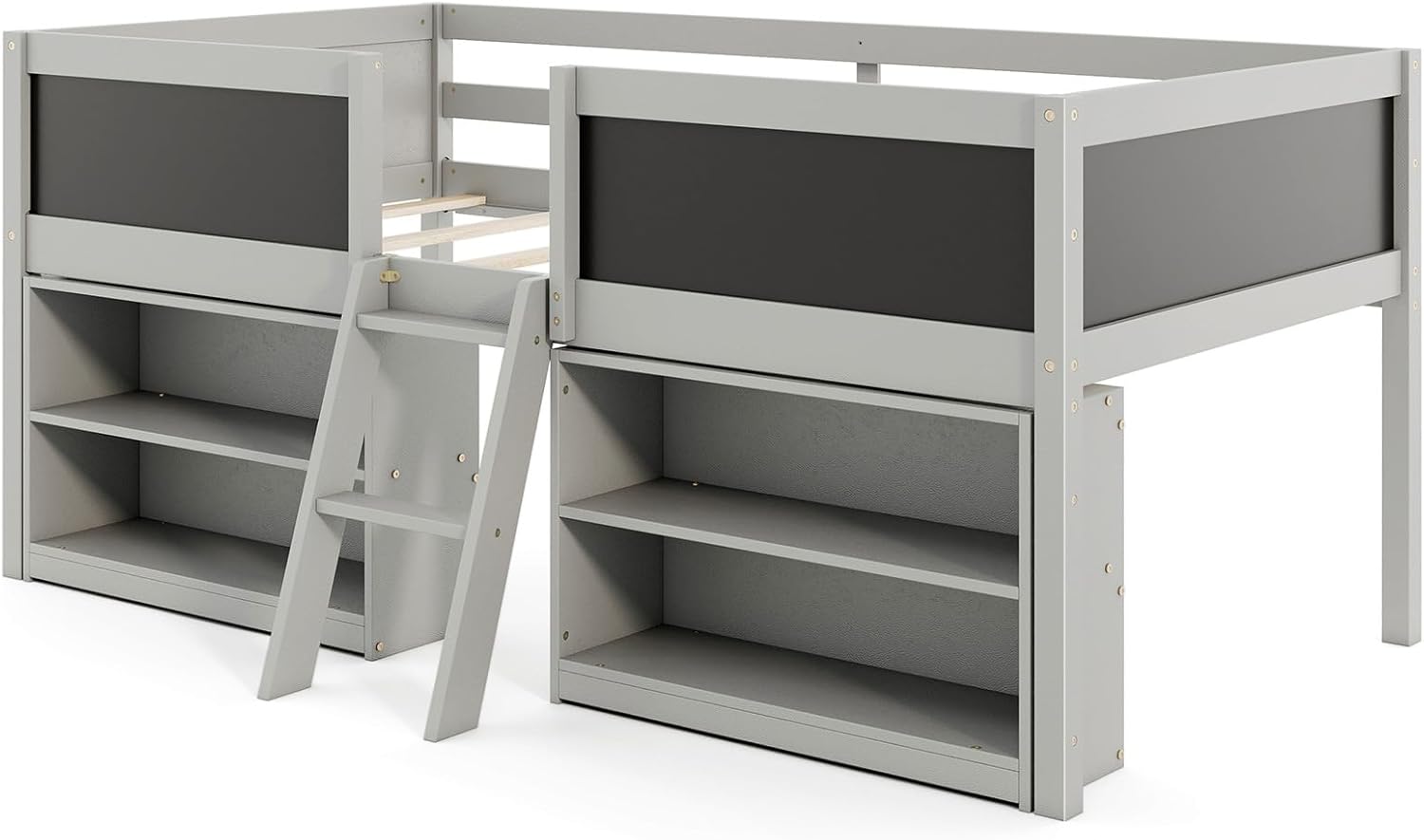 KOMFOTT Twin Size Low Loft Bed, Kids Loft Bed Frame with Movable Storage Shelves, Chalkboard & Ladder, Solid Wood Twin Bed with Under-Bed Play Area for Kids, Boys & Girls, No Box Spring Needed, Grey