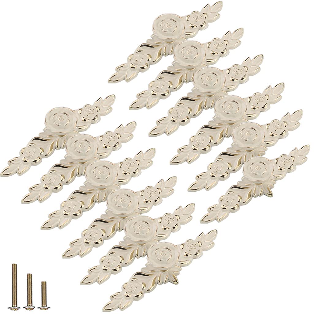 ESreake 12 Pack European Style Rose Cabinet Knobs with Backplate, 5.7" Vintage Kitchen Zinc Alloy Flower Drawer Pull Handles for Dresser Vanity