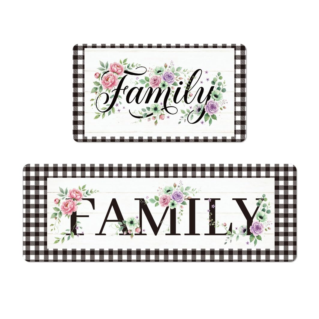 Set di 2 tappeti da cucina in stile rustico con fiori di famiglia, anti-affaticamento, antiscivolo, lavabili, comodi, decorazione per la casa, lavanderia, corridoio, ingresso, bagno, 43 x 76