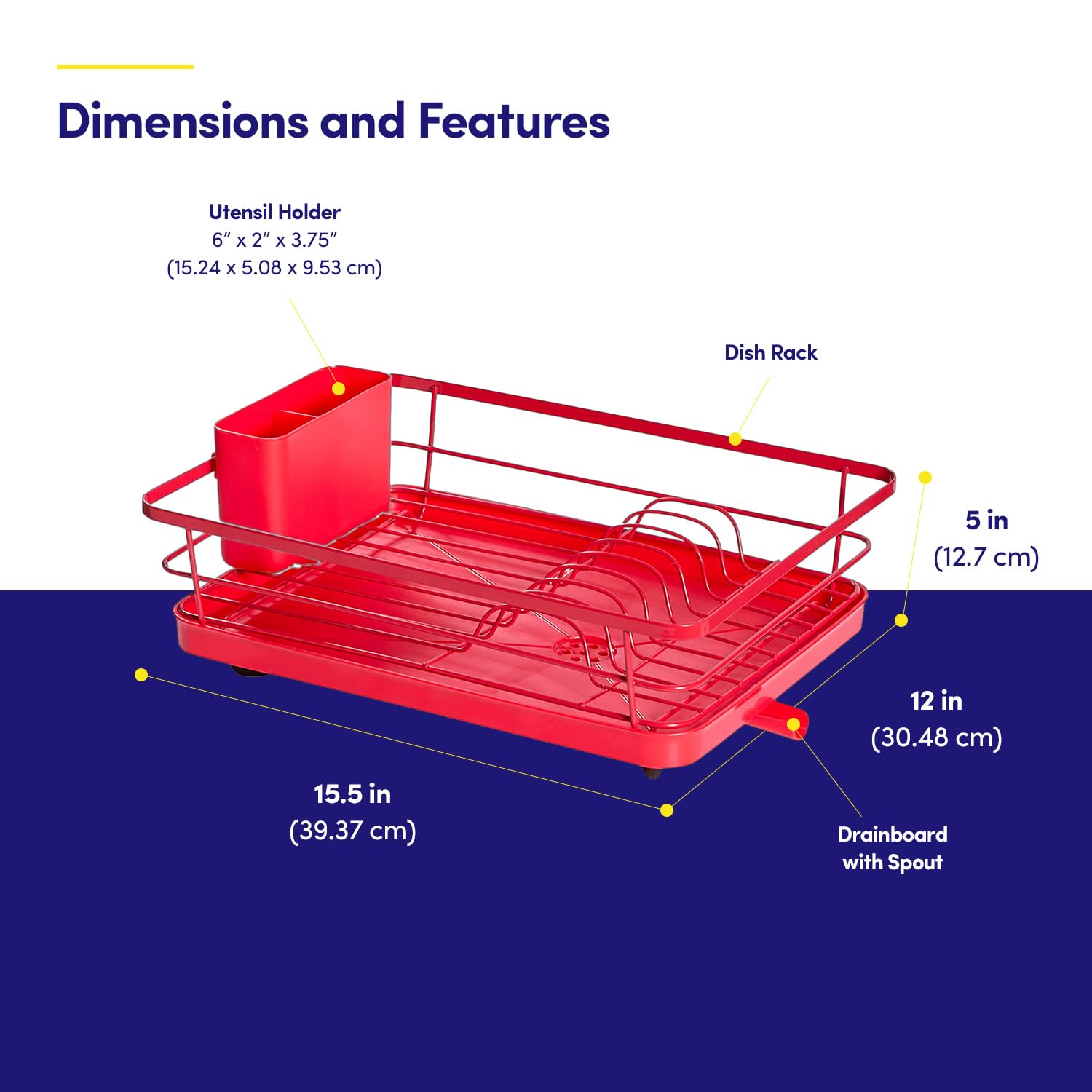 Sweet Home Collection avec Porte-ustensiles Amovible et Bec pivotant pour comptoir – Égouttoir à Vaisselle pour Assiettes, Tasses et Organisation, Plastique métallique, Rouge, 39,4 x 30,5 x 12,7 cm