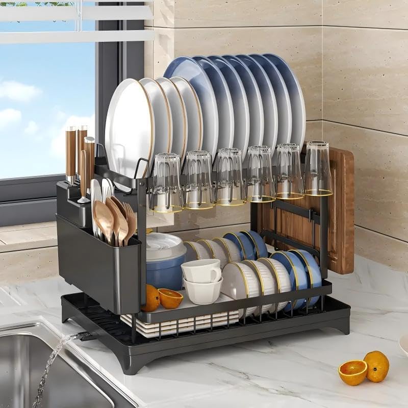 Growsun Dish Drying Rack, Multifunctional Dish Rack, Kitchen Dish Rack with Drainboard, Space-Saving 2-Tier Dish Dry Rack with Utensil Holder, Black