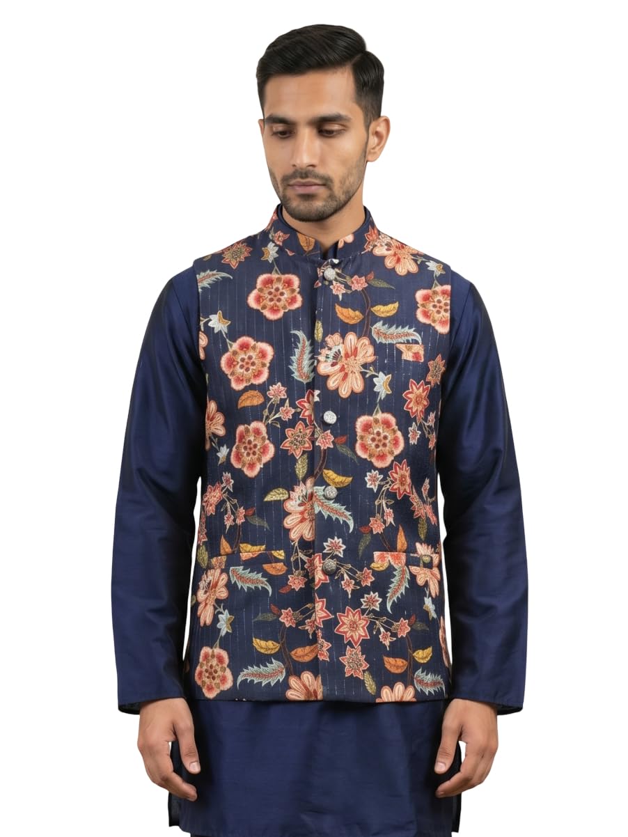 Cotton Blend Floral Printed Nehru Jacket-image-22