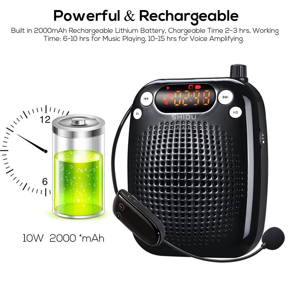 Amplificatore vocale portatile SHIDU amplificatore di voce senza fili con microfono UHF, mini altoparlante Pa sistema ricaricabile da 10W 2000 mAh per insegnanti, guida turistica, yoga, aula