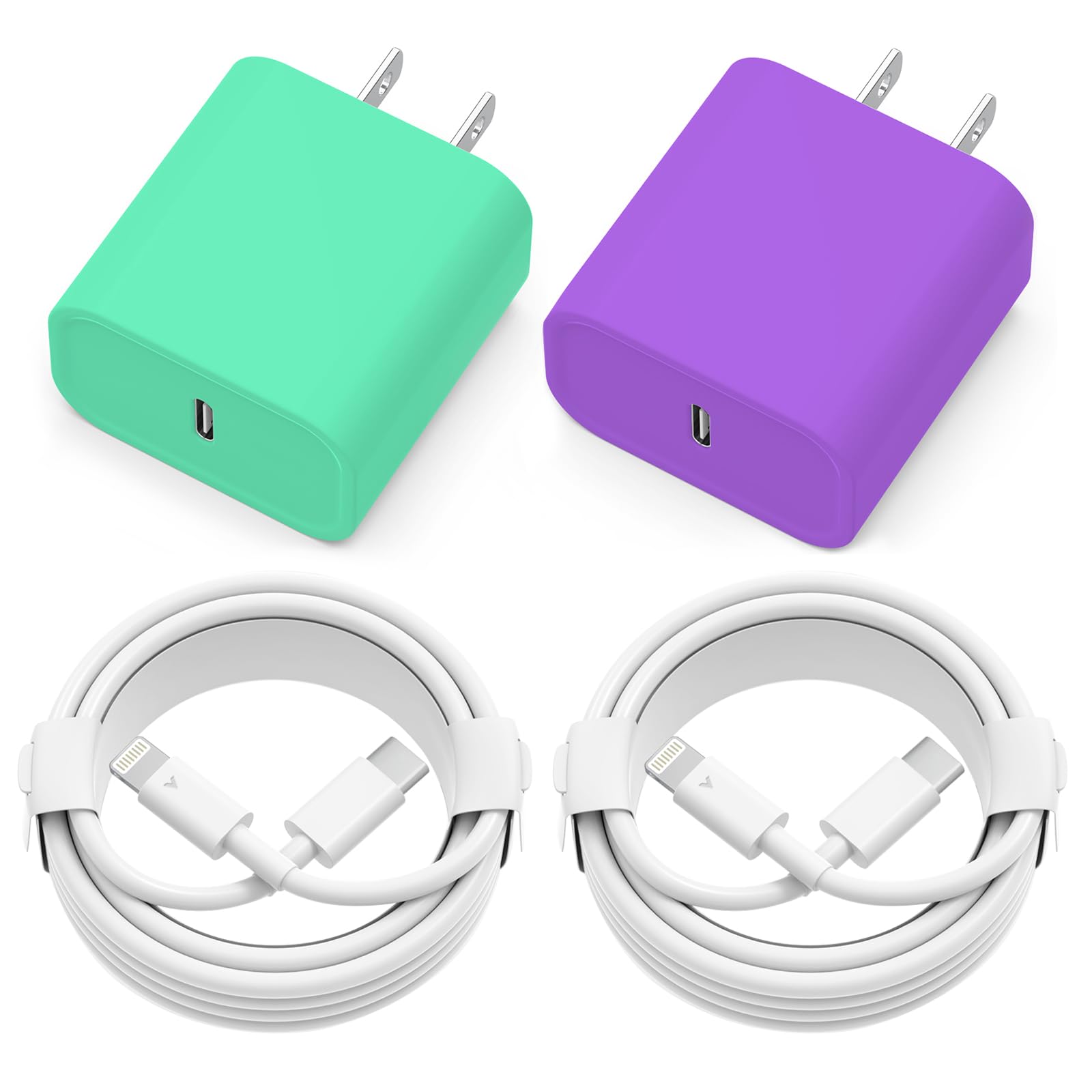 iPhone Charger Fast Charging, 2 Pack 20W USB C Wall Charger Block with 2 Pack MFi Certified 6FT Type C to Lightning Cables for iPhone 14 13 12 11 Pro Max XR XS X, iPad,AirPods Pro (Purple+Green)