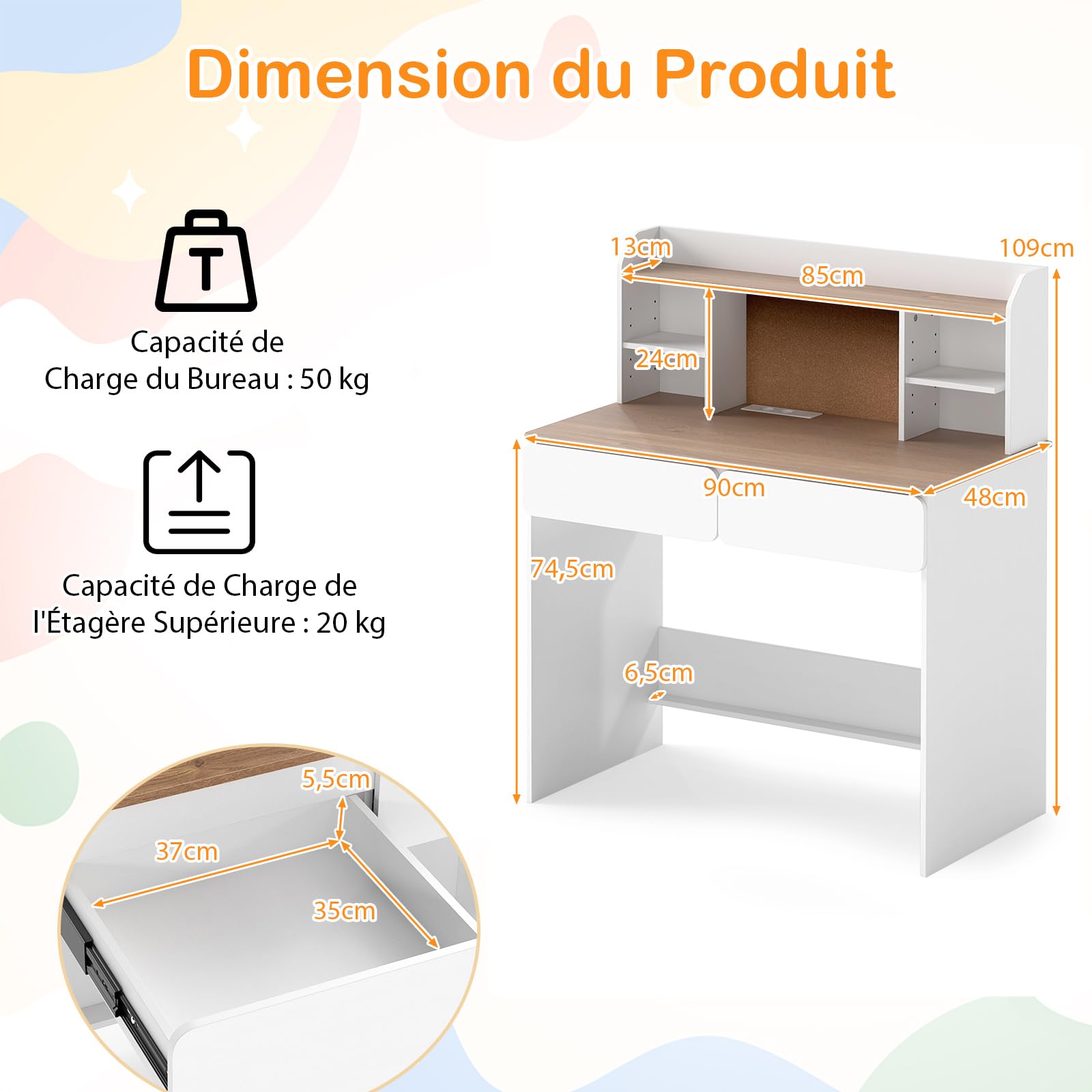 COSTWAY Bureau Enfant Garçon Fille avec Station de Charge & Tableau d'Affichage en Liège, Table Enfant en Bois avec Étagère Réglable & 2 Tiroirs, Charge 50kg pour Tout-Petits de 8-12 Ans
