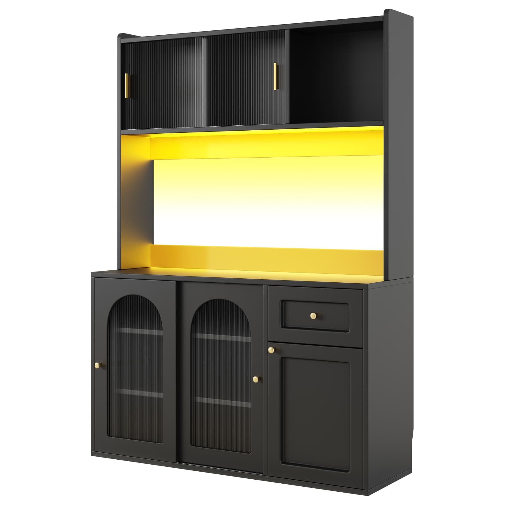 PUGSDRLY Buffet de Cuisine avec éclairage LED,Vitrine,Meuble de Rangement avec étagères réglables et Porte coulissante en Verre,Buffet Haut pour Cuisine,Salon et Salles à Manger,120x35x167cm (Noir-C)