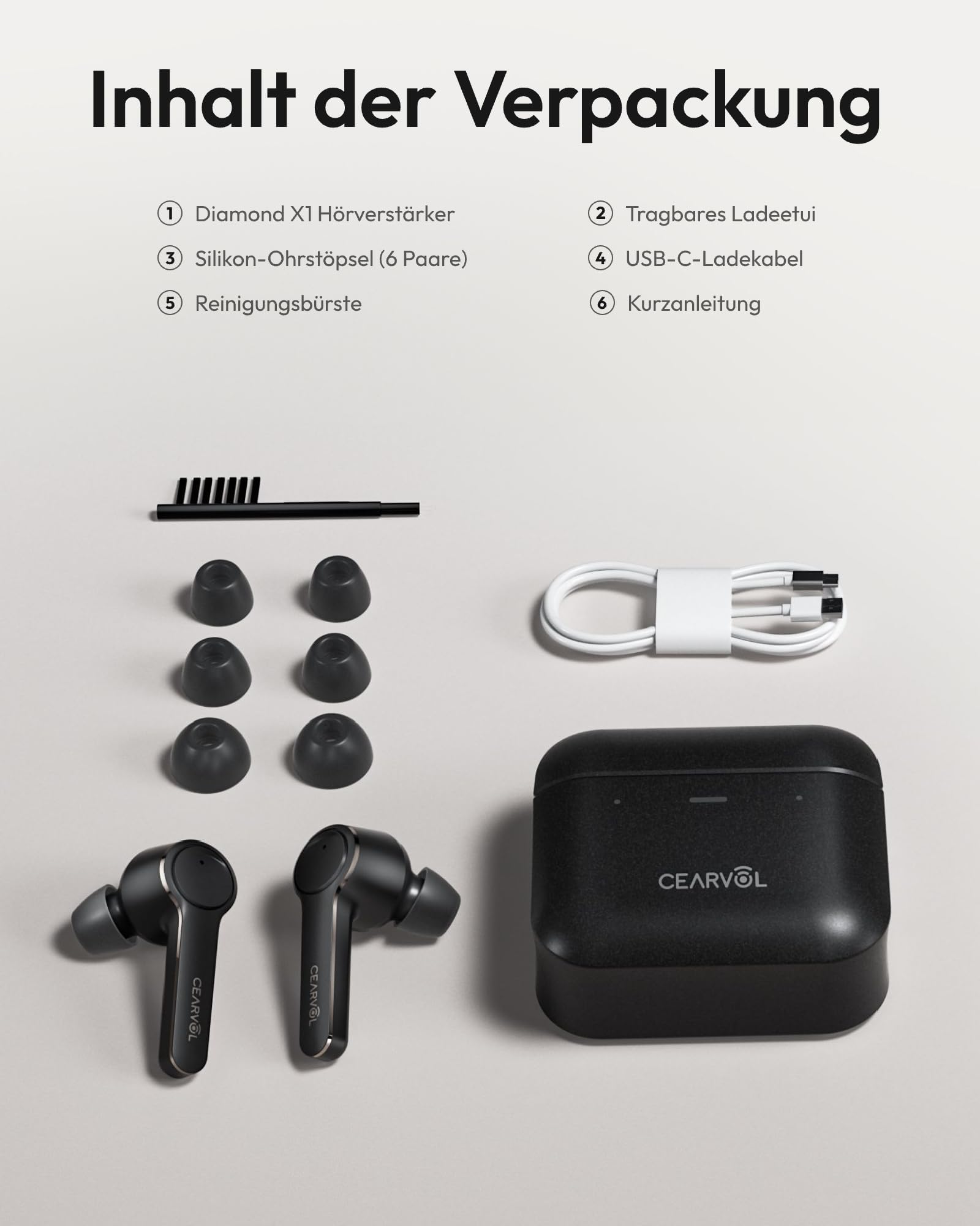 Diamond X1 Sound-Verstärker mit Bluetooth 5.3 – 16-Kanal KI-Geräuschreduzierung, App-Anpassung, 36h Akkulaufzeit, IPX5 Wasserdicht, In-Ear Kopfhörer für klare Gespräche & Musik (Schwarz)