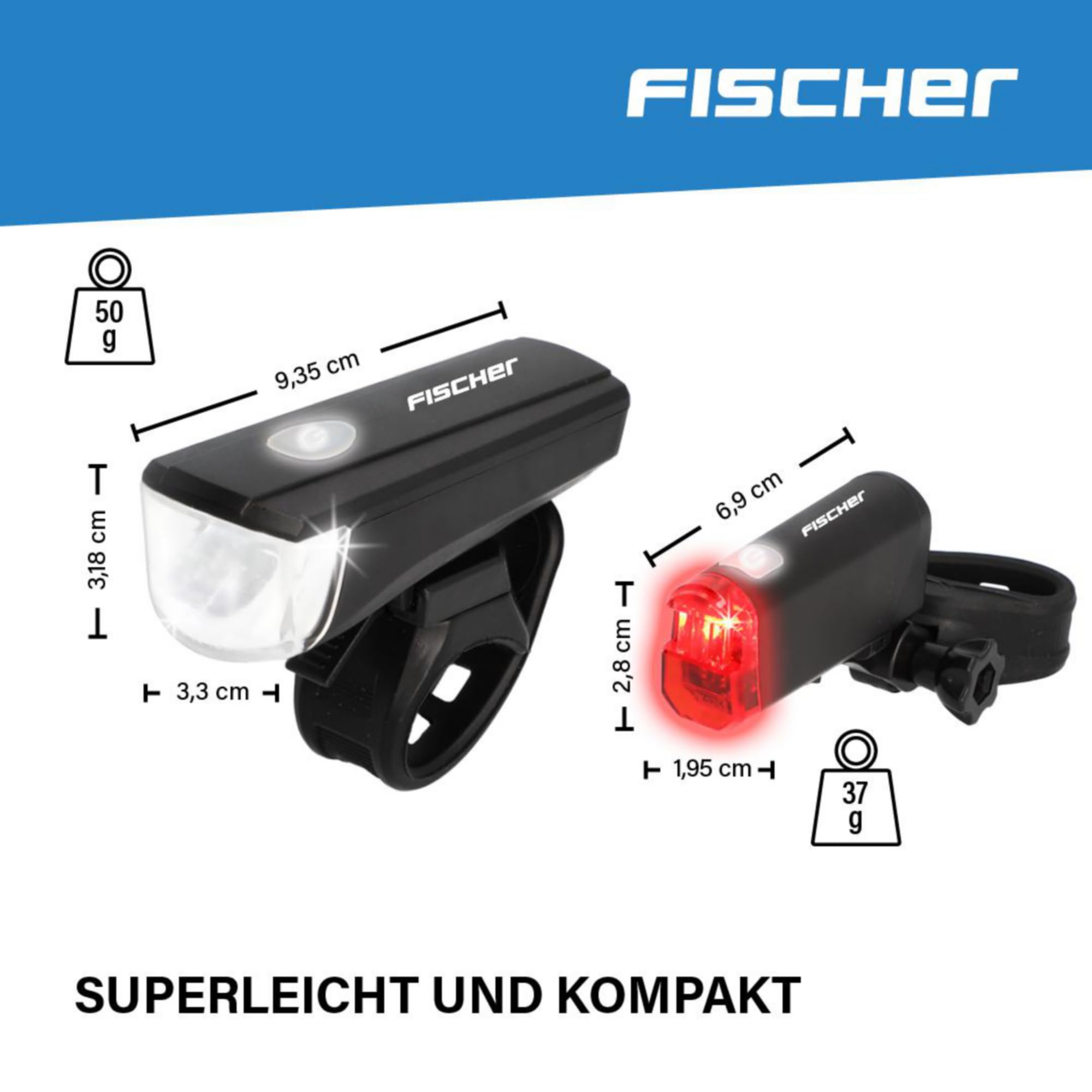 Fischer Zestaw oświetlenia LED do roweru, zestaw oświetleniowy z technologią LED, ochrona przed rozbryzgami wody, czarny, 1 sztuka