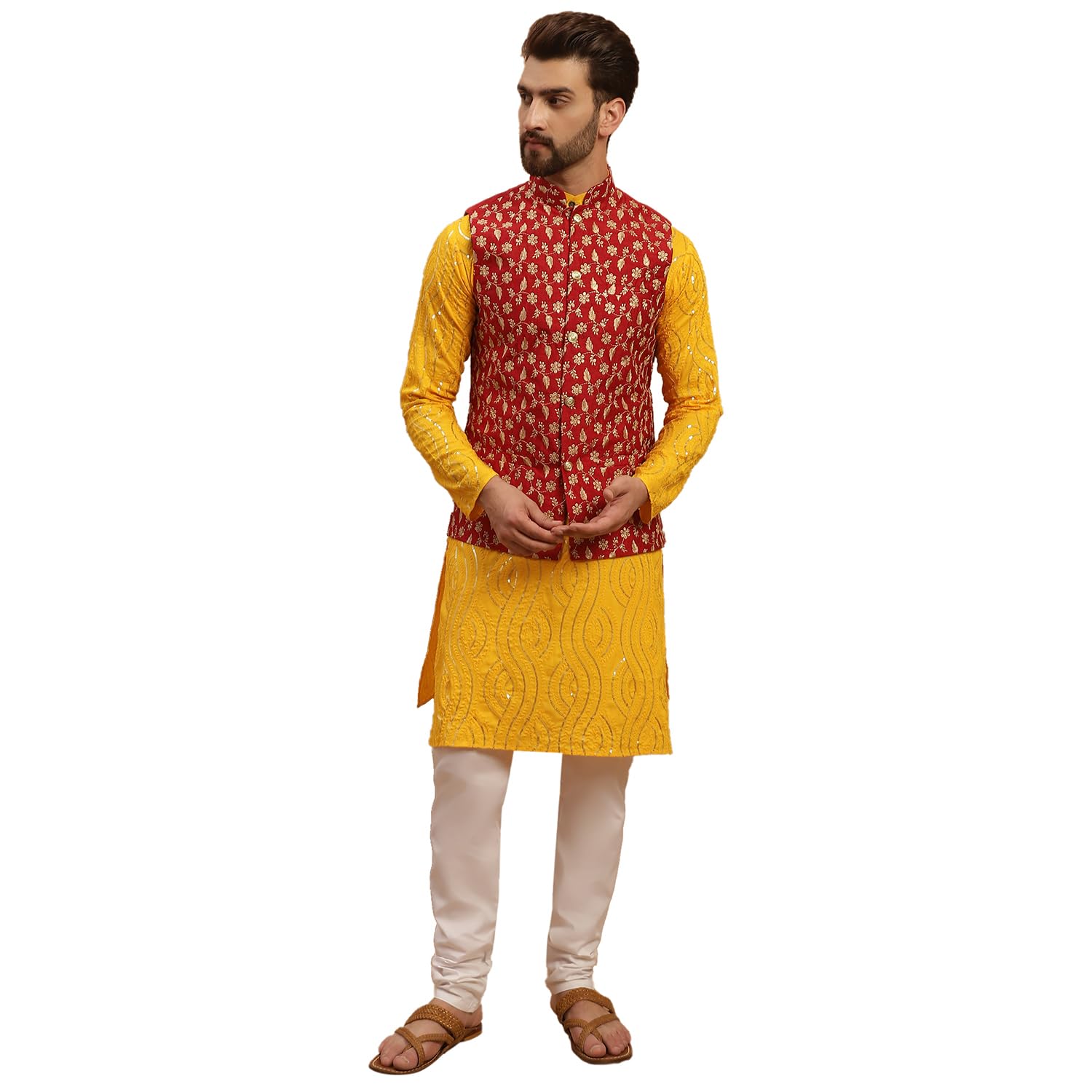 sojanya (Since 1958 Men's Pure Cotton Mustard Kurta and White Pyjama with Maroon Embroidery Nehru Jacket-picture-41