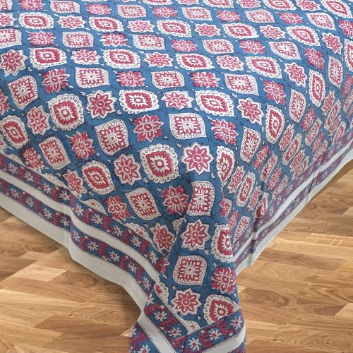 Image of TOAI Hand Block Printed Bedsheet | Bed Spread Flatsheet Bed Sheet | Pure Cotton | Queen Size 90 inchx108 inch | 210 TC Luxury Cotton | 2 Reversible Pillow Covers |Spanish Villa