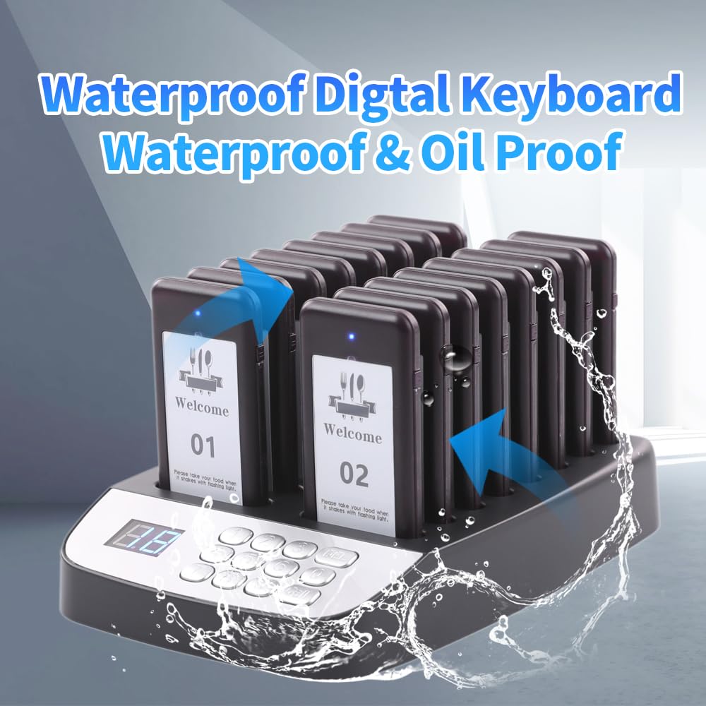 LOUKIENE Restaurant Pager System, Calling Guest Customers Waiting Beepers with Vibration Flash and Buzzer, Close Reminder, 16 Wireless Pagers for Food Truck Church Hospital Hotel Eatery Brewery