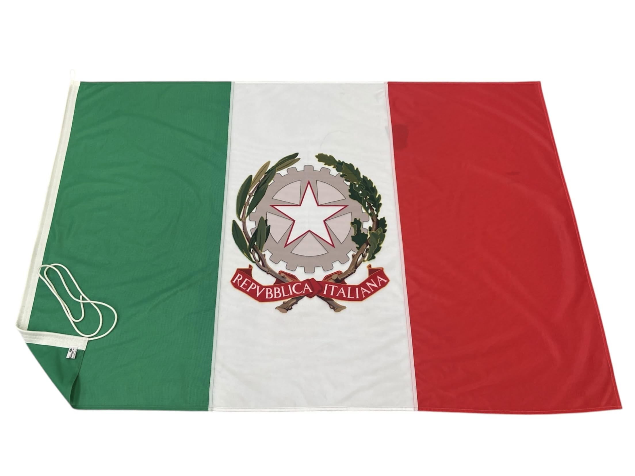 NS Bandiere Bandiera Italiana Tricolore Stemma Repubblica cm 100X150 [Tessuto A Scelta] Nautico di 130gr. m² o Stamina di 220gr. m² (Stamina 220gr. m²)