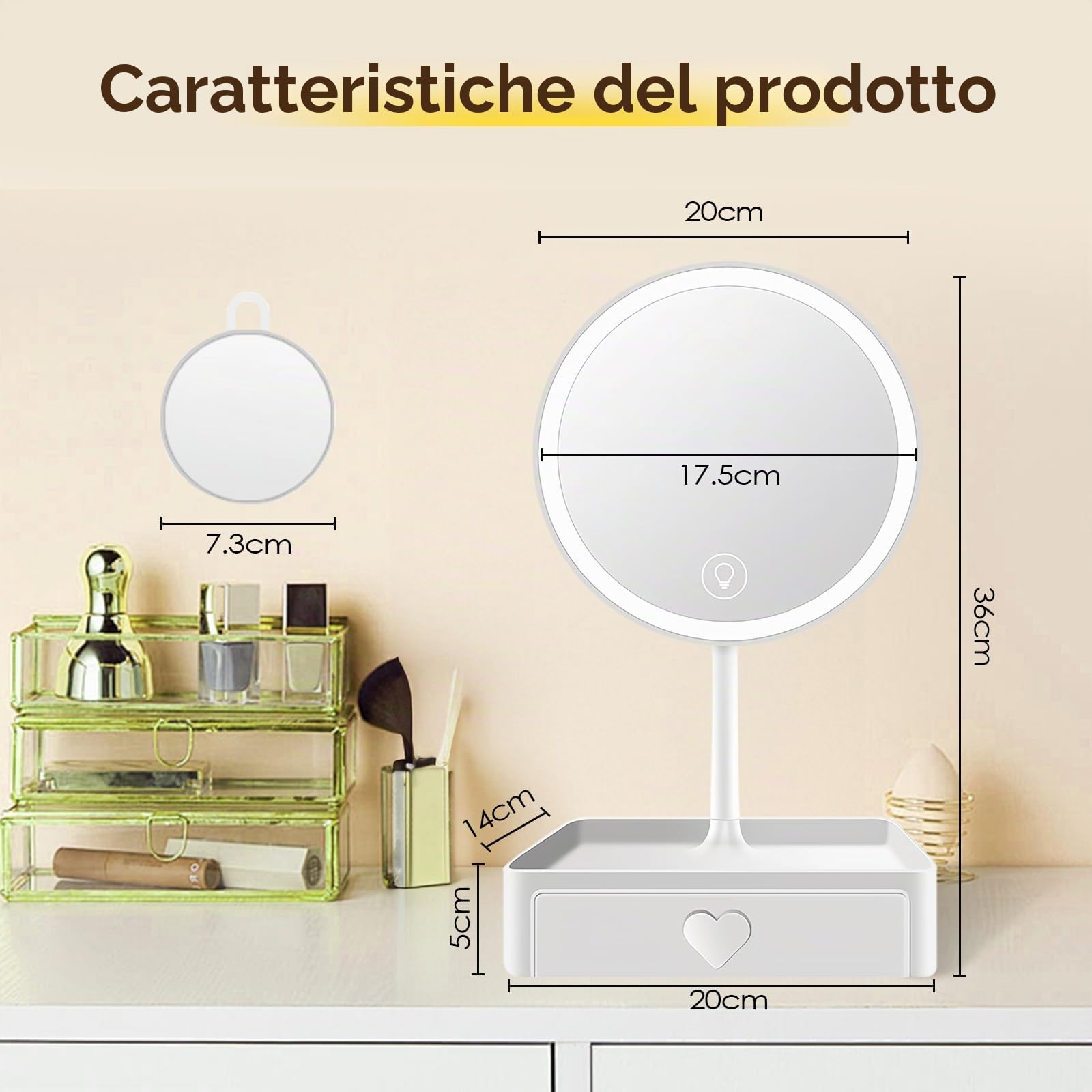 Cuteefun Specchio Trucco con Luci, Specchio Ingranditore Magnetico 5X con Cassetto, 3 Colori di Luce, Touch Screen Dimmerabile, USB Ricaricabile, Ideale per Camera da Letto, Tavolo di Vanità, Bianco