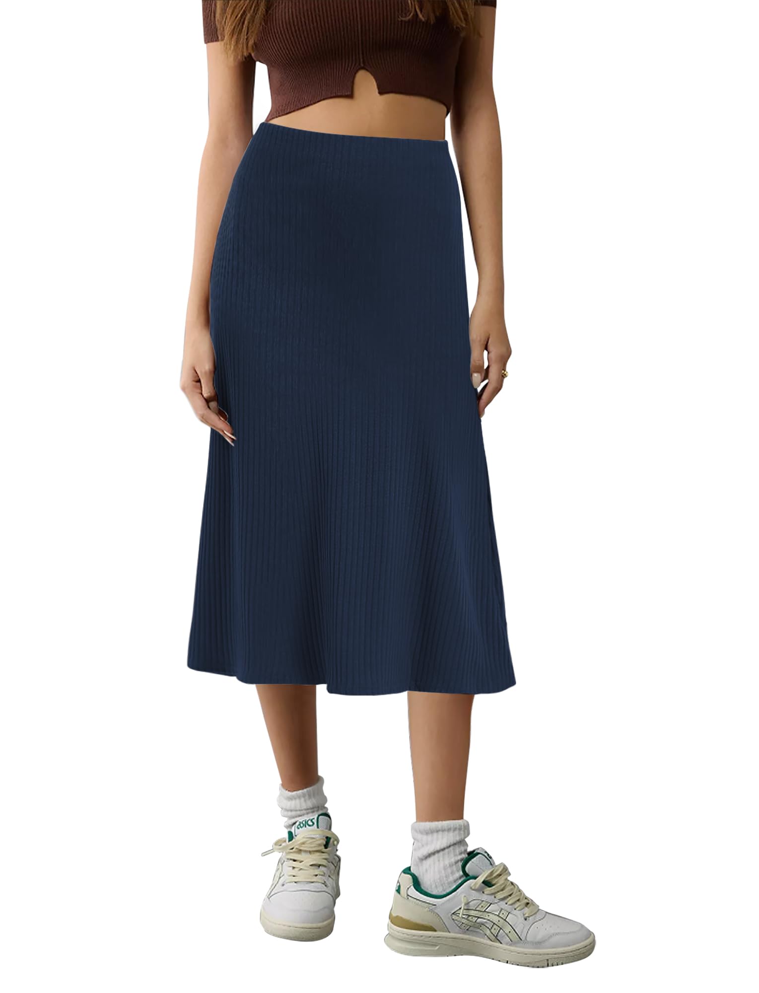 Urban CoCo Womens Elastic High Waist A-Line Flared Midi Skirt Solid Ribbed Knit Skirts