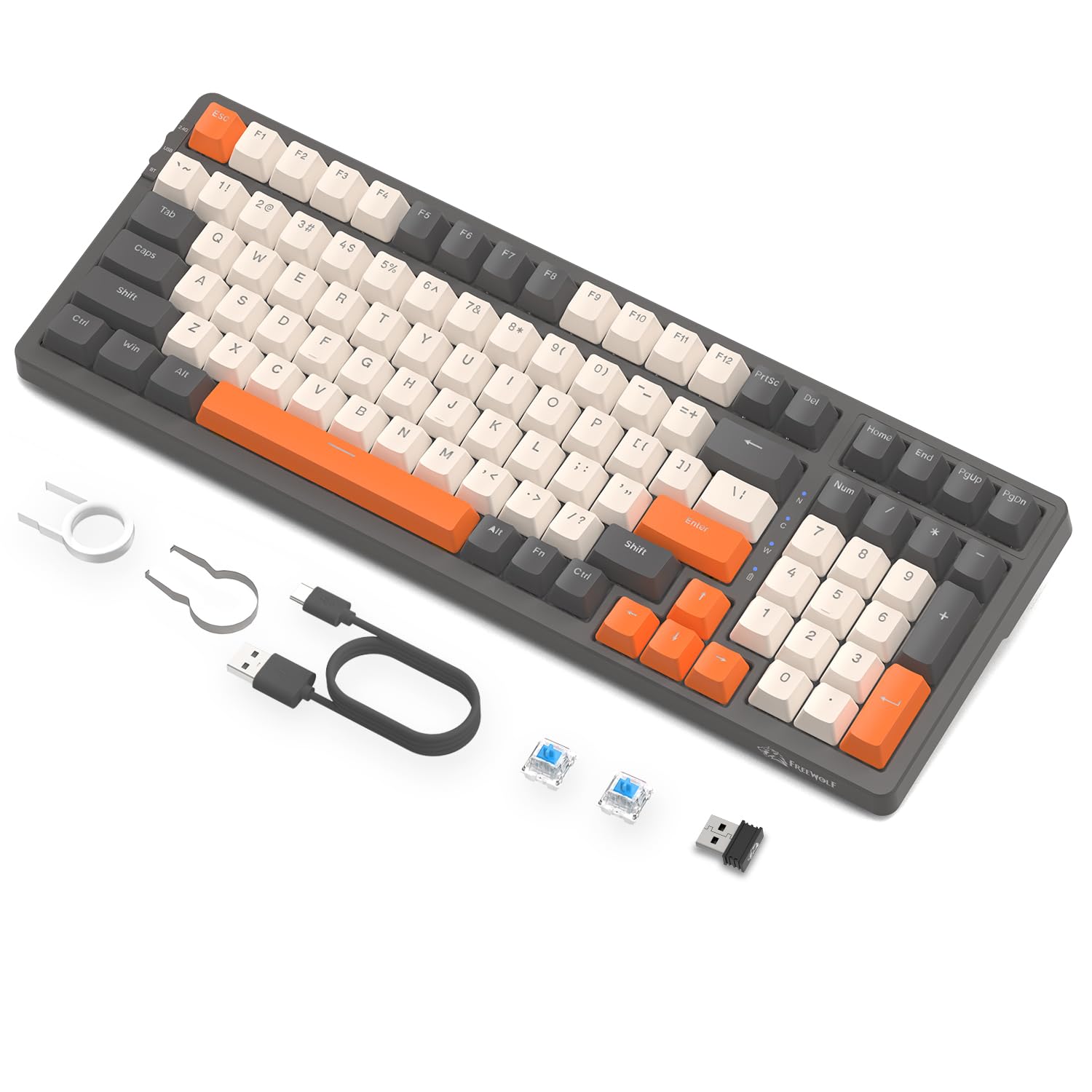 FREEWOLF K8 Tastiera da Gioco Meccanica Wireless Hot Swap, Tastiera Cablata Backlit RGB Interruttore Blu, Bluetooth/2.4Ghz/USB-C Batteria da 4000 mAh per Mac/Win-Grigio/Arancione