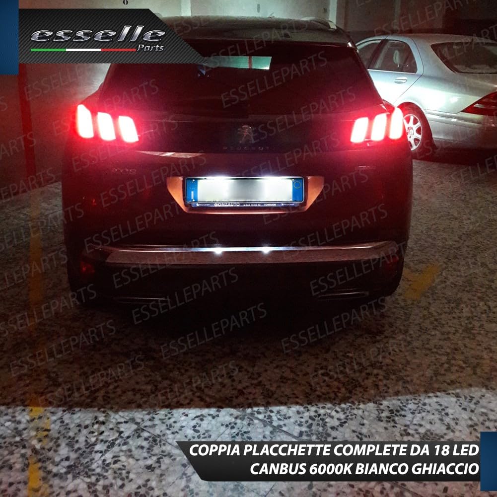 Placchette Luci Targa LED Compatibili con Peugeot, 2008, 207, 208, 3008 MK2, 301, 307, 308, 308 MK2, 508, 18 SMD CANBUS 6000K Bianco Ghiaccio Plug & Play