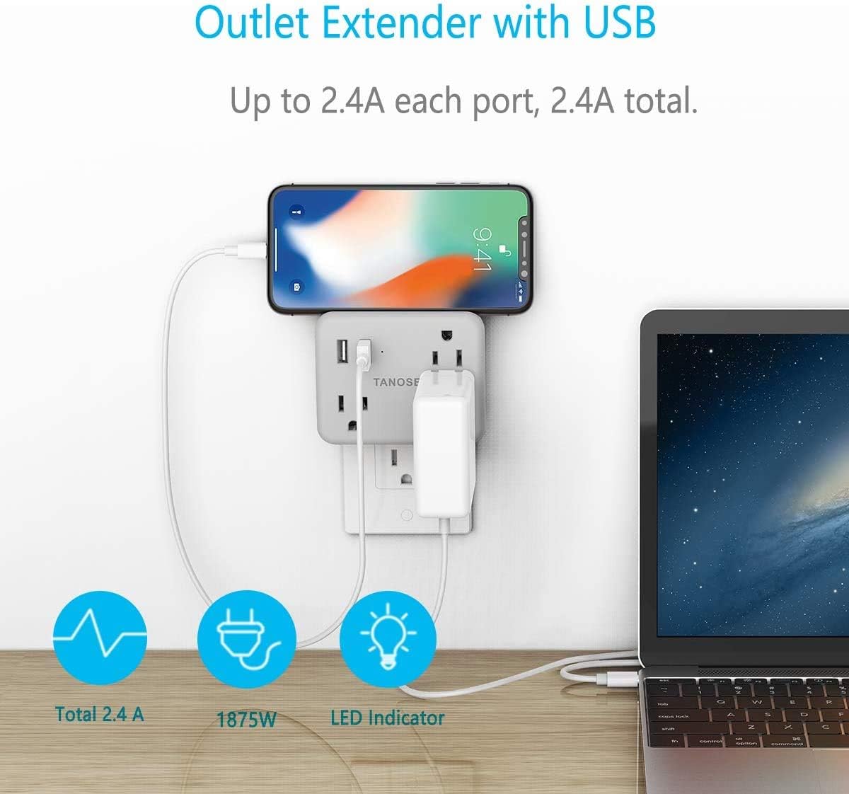 Multi Plug Outlet Extender with 2 USB, TANOSEE Electrical 4 Outlet Plugs Splitter Wall Charger, Multiple Power Expander for Cruise Dorm Essentials, Home, Office