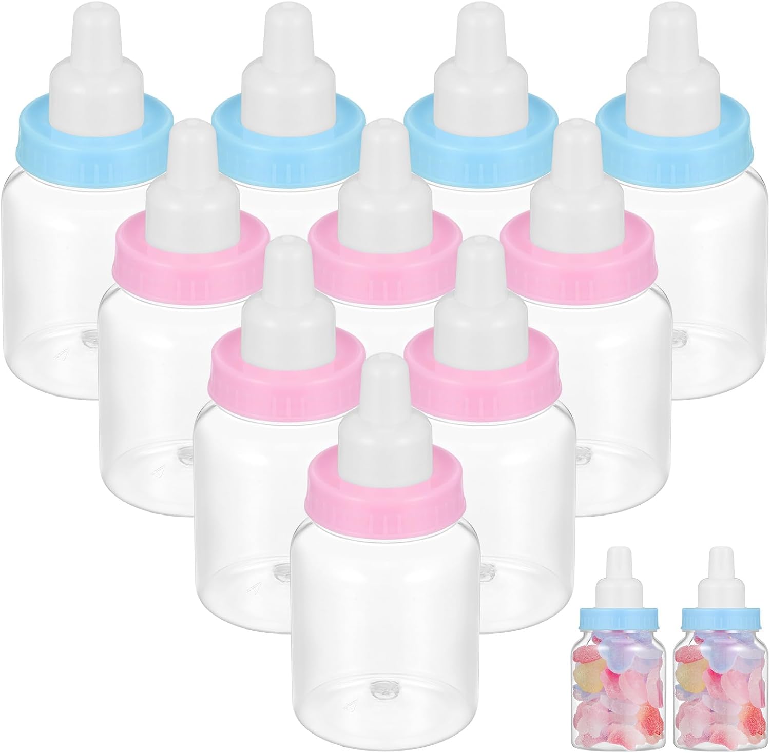 12pcs Baby Shower Bottles for Sweets,Mini Fillable Baby Shower Feeding Bottles Plastic Candy Boxes for Boys, Girls Birthday Supplies, Newborn Baptism Party Decoration（Blue and Pink）