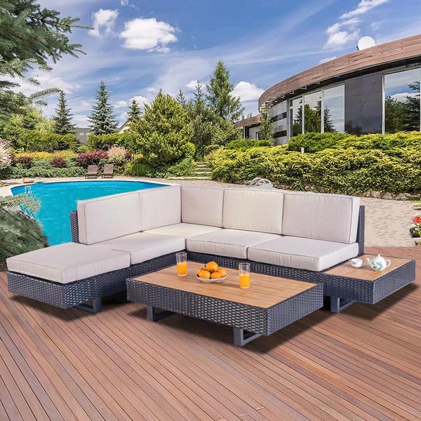 Image of DEVOKO 3 Pieces Patio Sectional Sofa All-Weather Outdoor Seating Sets with Wood Top Attach Side Table (Black and Cream)